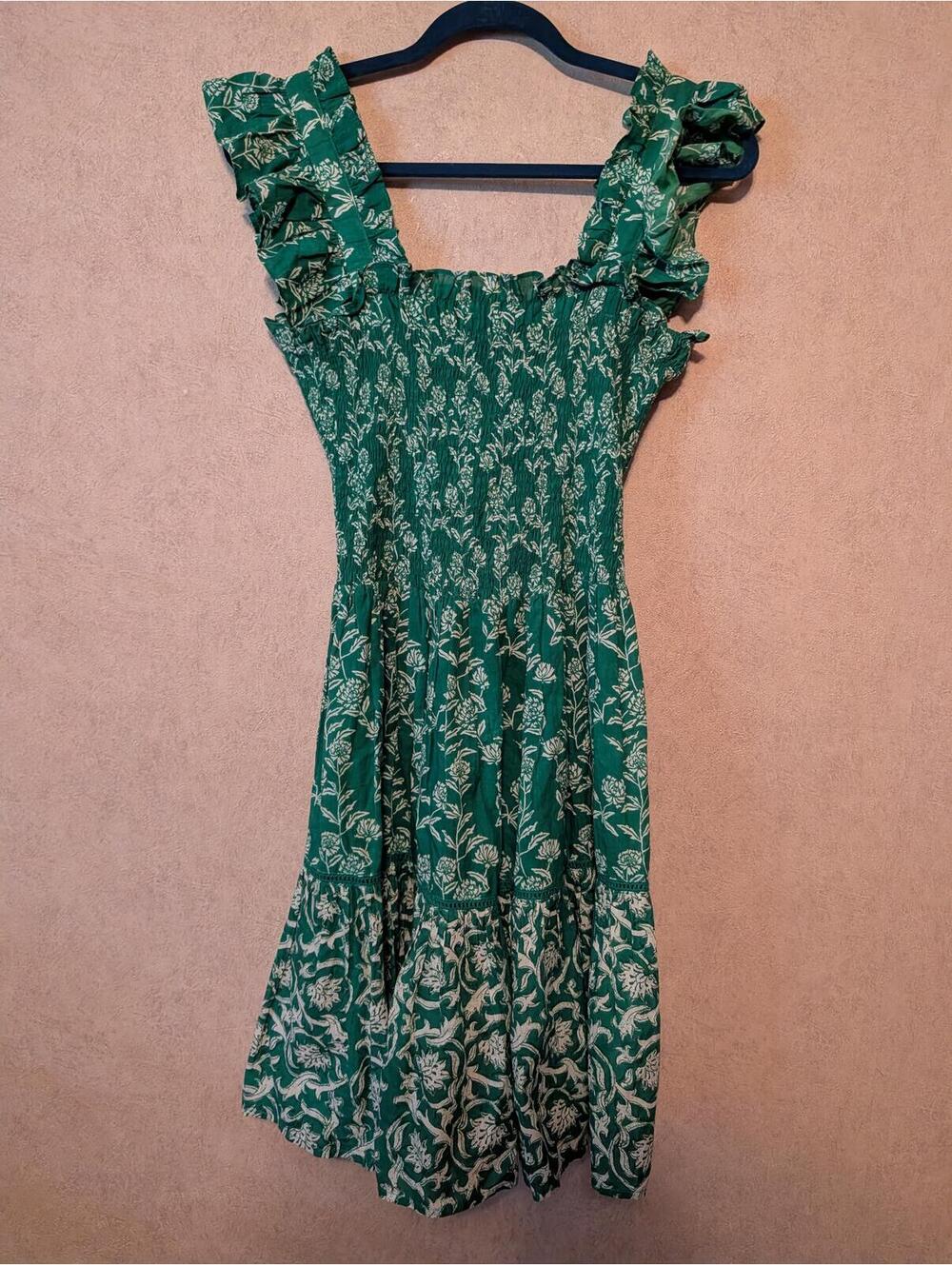 RO'S GARDEN green white shirred ruffle tiered mini dress sz XS - Picture 2 of 6